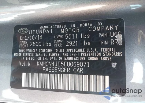 2015 Hyundai Genesis 3.8L z USA, uszkodzony, nr VIN KMHGN4JE5FU069071